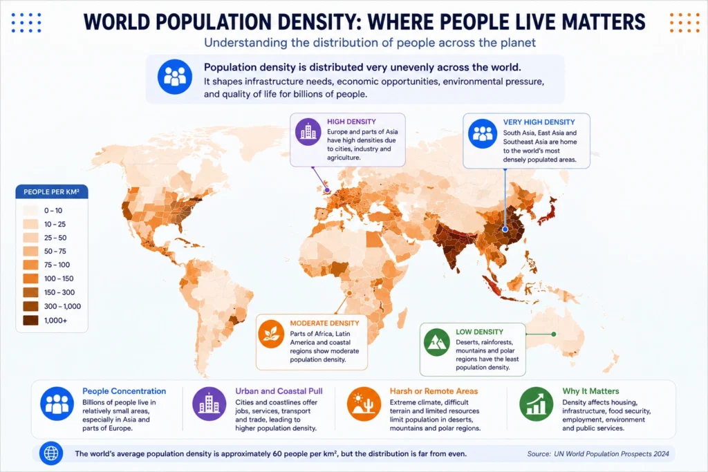 The image “World Population Density (people/km²)” showing the geographic distribution of population density across countries and territories. The map uses a light-to-dark brown colour scale, with lighter shades representing areas with lower population density and progressively darker shades representing higher density. The legend on the right categorizes density into 0–10, 10–25, 25–50, 50–75, 75–100, 100–150, 150–300, 300–1,000, and 1,000+ people per square kilometre. Higher-density areas are particularly visible across South and East Asia, parts of Southeast Asia, Europe, and selected areas of Africa and the Americas, while large portions of Australia, Canada, northern Asia, and other sparsely populated regions appear in lighter shades.