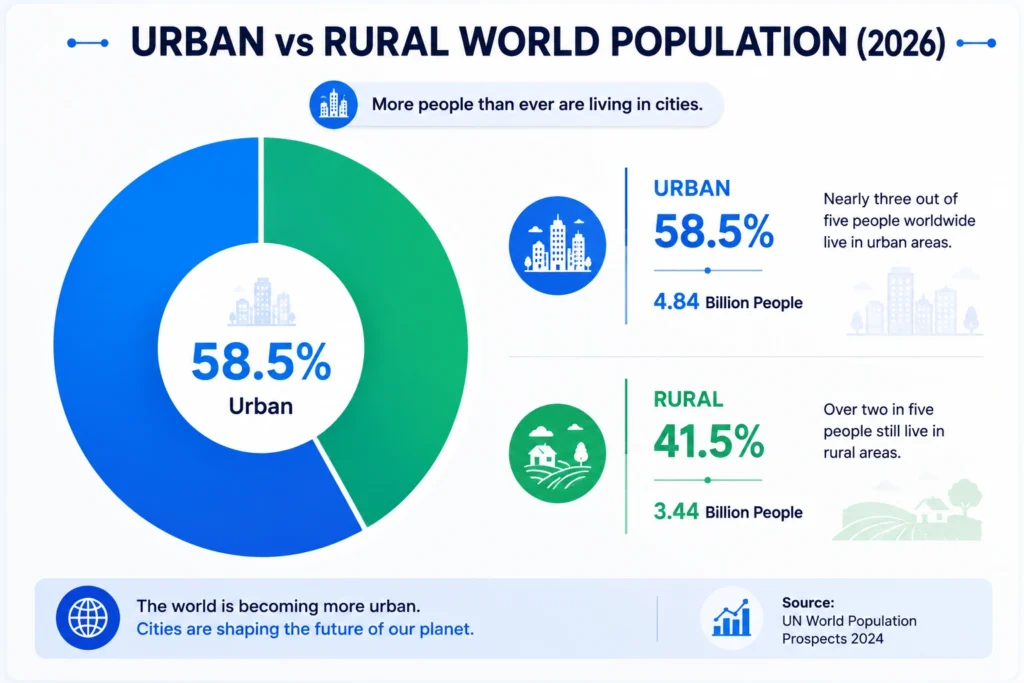 Donut chart titled “Urban vs Rural World Population (2026).” The chart compares urban and rural populations worldwide. Urban residents represent 58.5 percent of the global population, while the remaining approximately 41.5 percent live in rural areas. The center of the donut prominently displays “58.5%” and “Urban.” The legend identifies approximately 4.84 billion urban residents and 3.44 billion rural residents. The urban segment is blue and the rural segment is green. Source shown as UN World Population Prospects 2024.