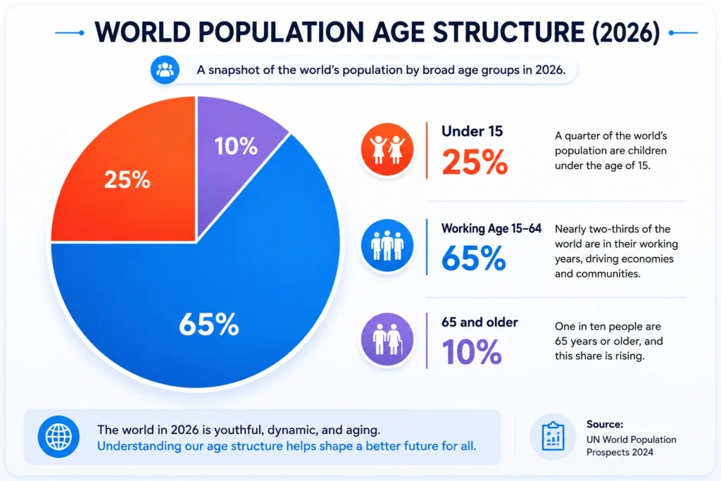 Pie chart titled “World Population Age Structure (2026).” The chart divides the global population into three age groups. People under age 15 represent 25 percent of the population. The working-age population from ages 15 to 64 represents 65 percent. People aged 65 and older represent 10 percent. The largest blue section represents the working-age population, while smaller sections represent children and older adults. A legend below the chart identifies all three groups and their percentages. Source shown as UN World Population Prospects 2024.