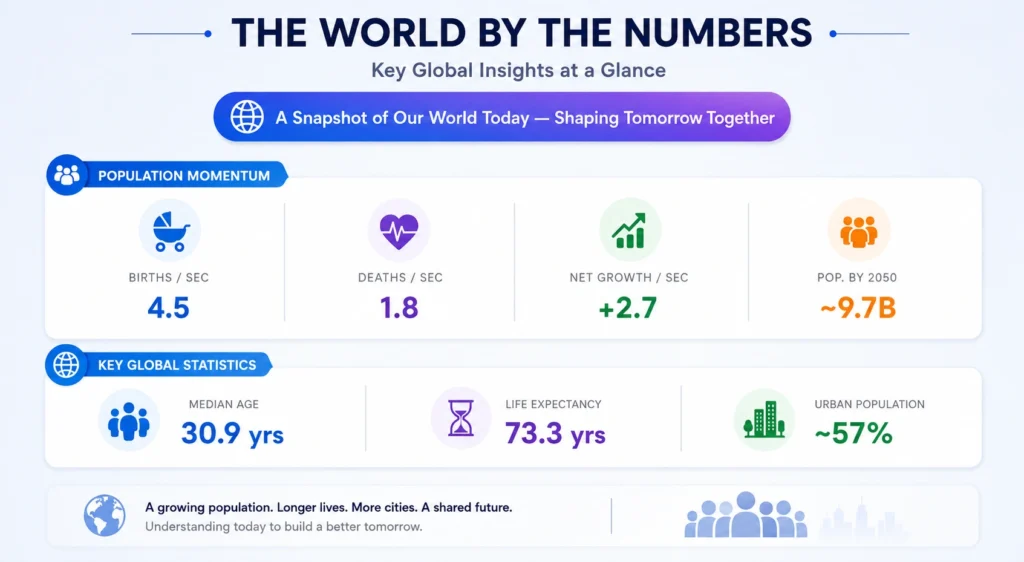 The image "THE WORLD BY THE NUMBERS" shows the snapshot of the global population. The first section, “Population Momentum,” presents four statistics: 4.5 births per second, 1.8 deaths per second, +2.7 net population growth per second, and approximately 9.7 billion people by 2050. The second section, “Key Global Statistics,” presents a global median age of 30.9 years, life expectancy of 73.3 years, and approximately 57 percent urban population. The infographic uses globe, population, growth, healthcare, hourglass, and city icons with blue, purple, green, and orange accents. A concluding message states that the world has a growing population, longer lives, more cities, and a shared future.
