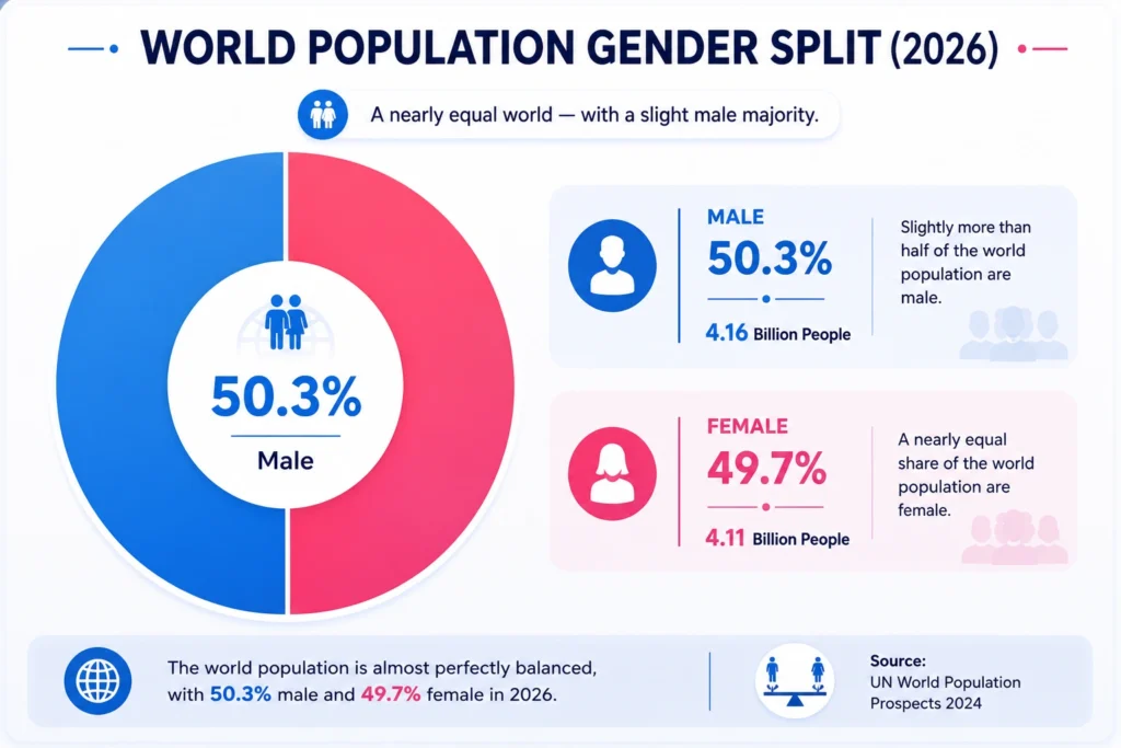 Donut chart titled “World Population Gender Split (2026).” The chart compares the global male and female populations. Males represent approximately 50.3 percent of the global population, corresponding to about 4.16 billion people. Females represent approximately 49.7 percent, corresponding to about 4.11 billion people. The center of the donut highlights “50.3%” and “Male.” Blue represents males and pink represents females. Source shown as UN World Population Prospects 2024.